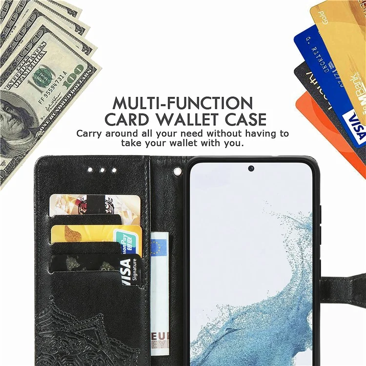 Para Samsung Galaxy S23 Mandala Pattern Embossed PU Wallet Folio Case Stand Shockproof Protection Cover with Strap - Negro