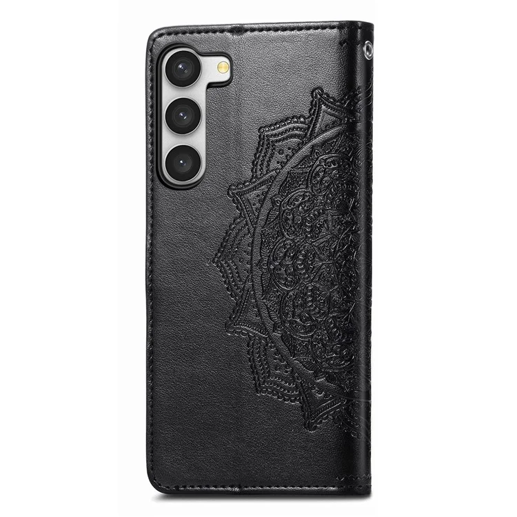 Para Samsung Galaxy S23 Mandala Pattern Embossed PU Wallet Folio Case Stand Shockproof Protection Cover with Strap - Negro