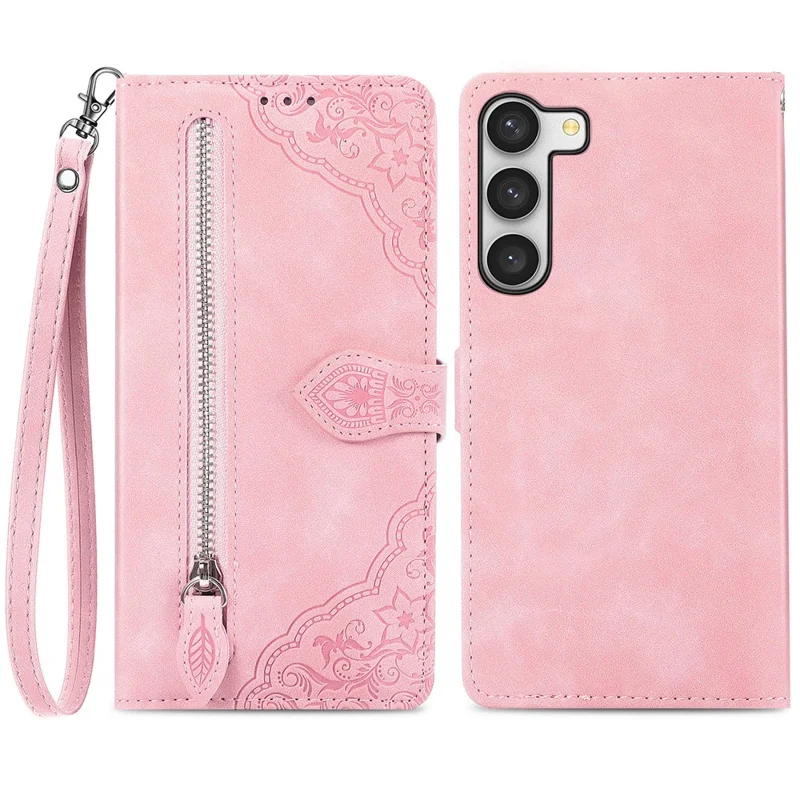 Für Samsung Galaxy S23, Reißverschluss-Maptasche mit Band, Blumenprägung, PU-Leder-Handyhülle - Rosa