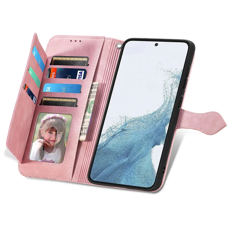 Für Samsung Galaxy S23, Reißverschluss-Maptasche mit Band, Blumenprägung, PU-Leder-Handyhülle - Rosa