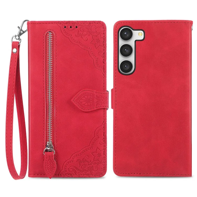 For Samsung Galaxy S23+ Zipper Wallet Case with Strap Flower Imprint PU Leather Phone Cover - Red