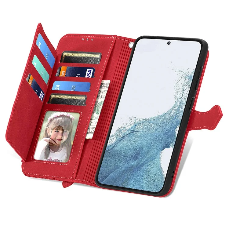 For Samsung Galaxy S23+ Zipper Wallet Case with Strap Flower Imprint PU Leather Phone Cover - Red
