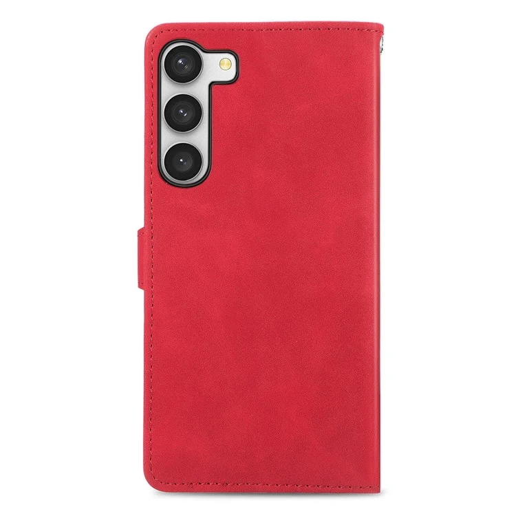 For Samsung Galaxy S23+ Zipper Wallet Case with Strap Flower Imprint PU Leather Phone Cover - Red