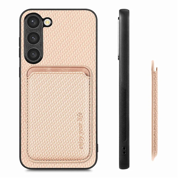 Для Samsung Galaxy S23 Чехол для телефона с текстурой из углеродного волокна, ПУ-кожа + ТПУ + ПВХ с магнитным съемным держателем для карт - хаки