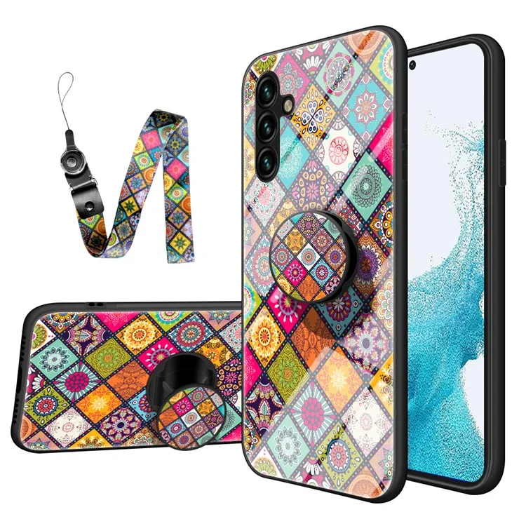 For Samsung Galaxy A54 5G Shockproof Tempered Glass Phone Case Flower Pattern PC + TPU Anti-Scratch Kickstand Cover with Lanyard - Color Pattern