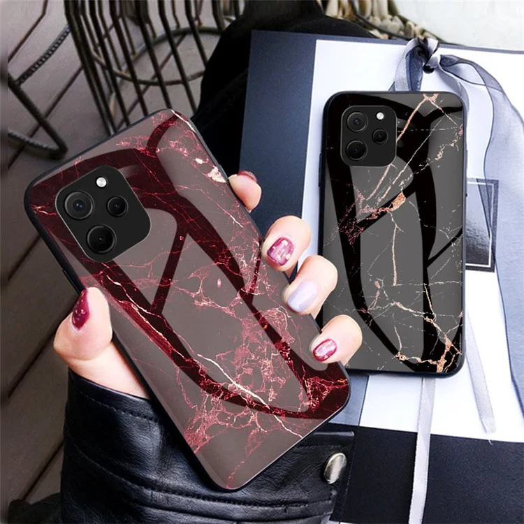 For Huawei nova Y61 4G Marble Pattern Printing Tempered Glass + PC + TPU Phone Case Protective Cover - Blood Red Marble