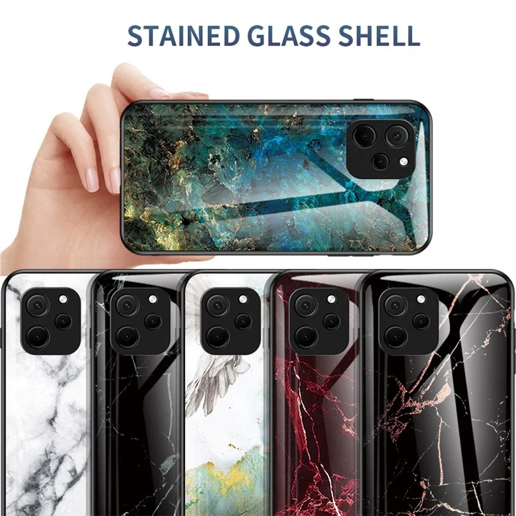 For Huawei nova Y61 4G Marble Pattern Printing Tempered Glass + PC + TPU Phone Case Protective Cover - Blood Red Marble