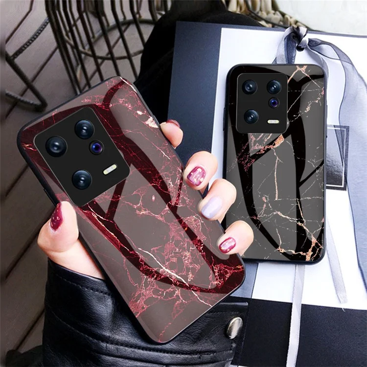 Para Xiaomi 13 5G Marble Pattern Printing Phone Case Tempered Glass + PC + TPU Anti-drop Hybrid Cover - Emerald Marble