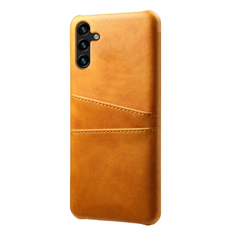 For Samsung Galaxy A14 5G / A14 4G Dual Card Slots Shockproof Phone Case PU Leather Coated Hard PC Anti-Drop Cover - Orange