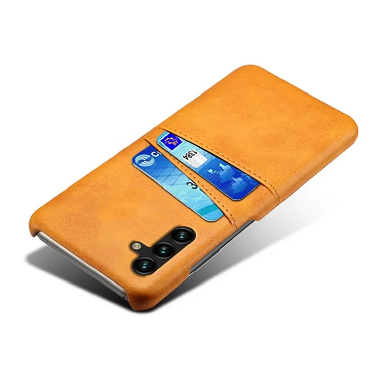 For Samsung Galaxy A14 5G / A14 4G Dual Card Slots Shockproof Phone Case PU Leather Coated Hard PC Anti-Drop Cover - Orange