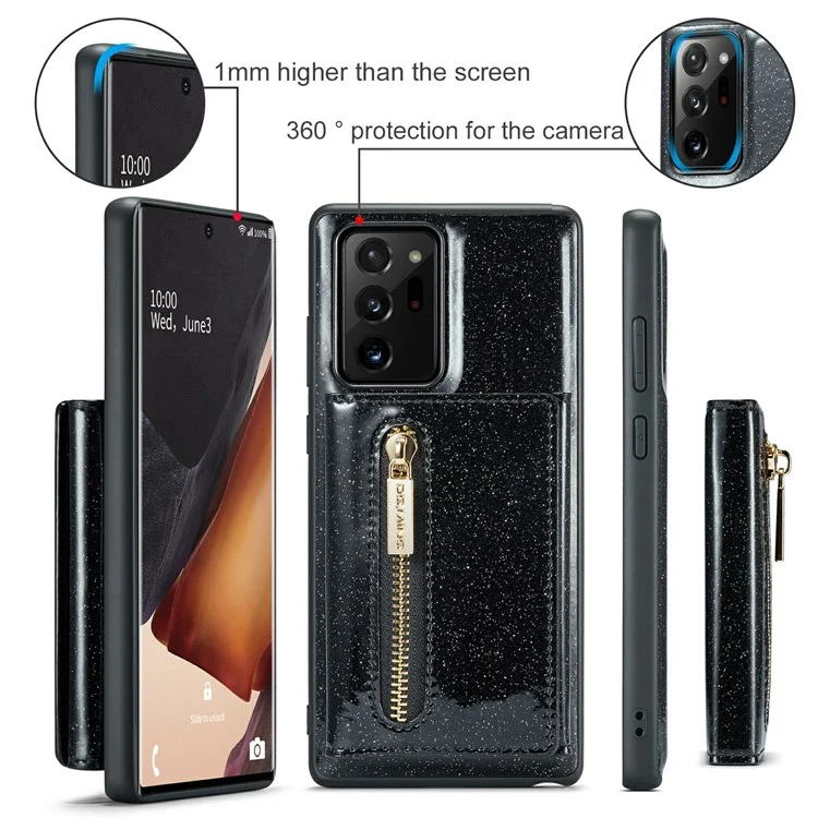 Dg. Ming M3 Series Pour Samsung Galaxy Note20 Ultra / Remarque20 Ultra 5G 2-en-1 en Cuir Pli en Cuir pc + Tpu Anti-fall Back Case Kickstand Magnetic Détachable Portefeuille à Fermeture Éclair Détachable Couverture - Noir