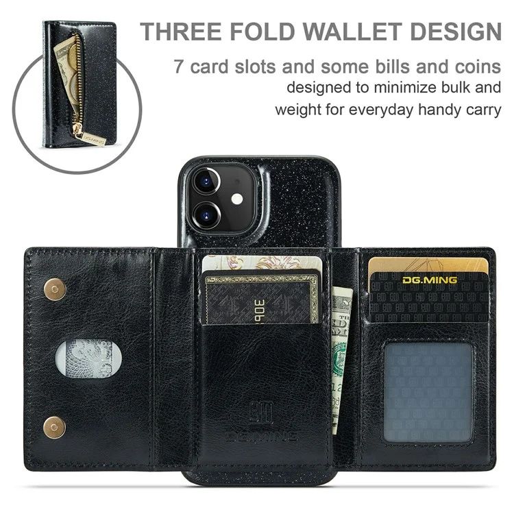 Dg. Serie Ming M3 Per Iphone 12 / 12 Pro 6.1 Pollici 2 in 1 pc in Pelle PU Scintillante PC+TPU Dropu Retro Back Casele Design Magnetico Coperchio Del Portafoglio Con Cerniera Staccabile - Nero