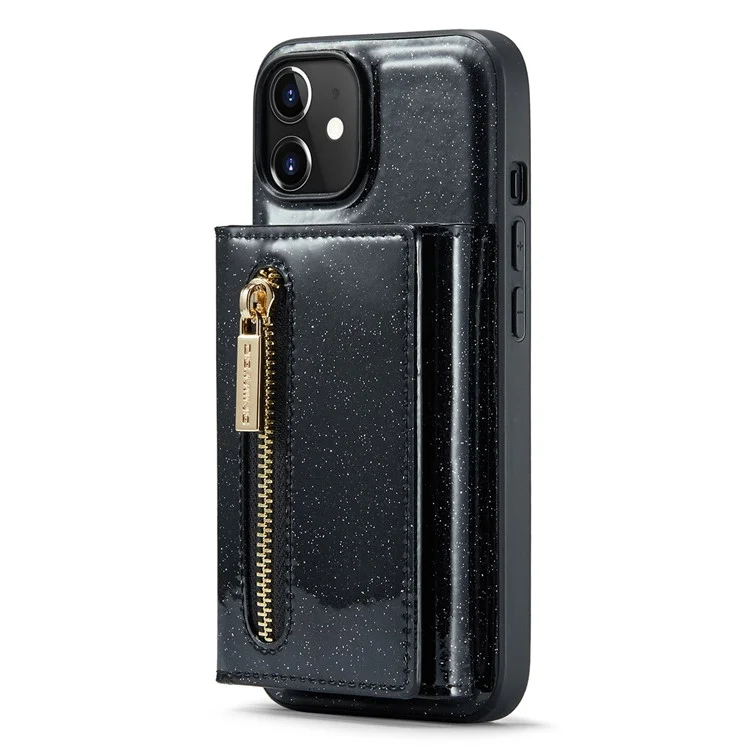 Dg. Serie Ming M3 Per Iphone 12 / 12 Pro 6.1 Pollici 2 in 1 pc in Pelle PU Scintillante PC+TPU Dropu Retro Back Casele Design Magnetico Coperchio Del Portafoglio Con Cerniera Staccabile - Nero