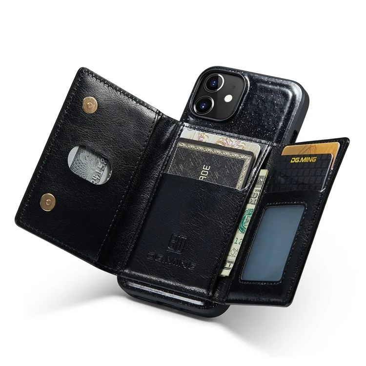 Dg. Serie Ming M3 Per Iphone 12 / 12 Pro 6.1 Pollici 2 in 1 pc in Pelle PU Scintillante PC+TPU Dropu Retro Back Casele Design Magnetico Coperchio Del Portafoglio Con Cerniera Staccabile - Nero
