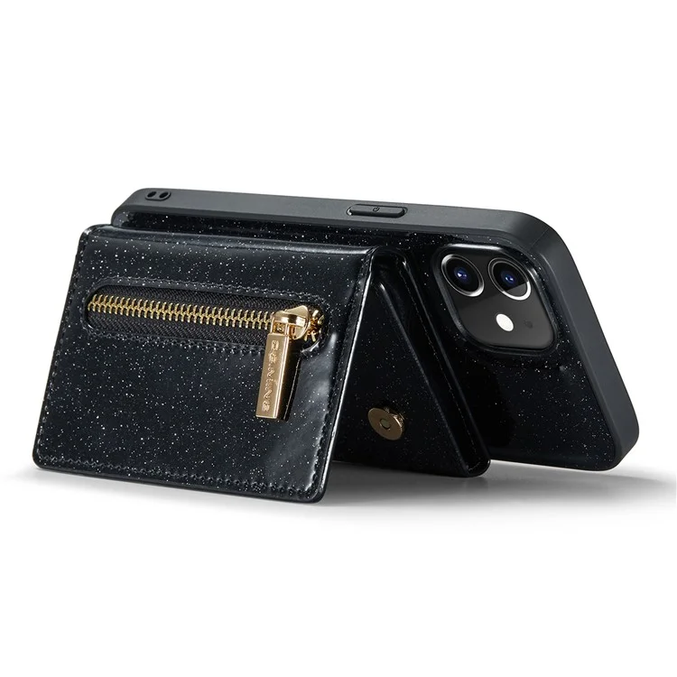 Dg. Serie Ming M3 Per Iphone 12 / 12 Pro 6.1 Pollici 2 in 1 pc in Pelle PU Scintillante PC+TPU Dropu Retro Back Casele Design Magnetico Coperchio Del Portafoglio Con Cerniera Staccabile - Nero