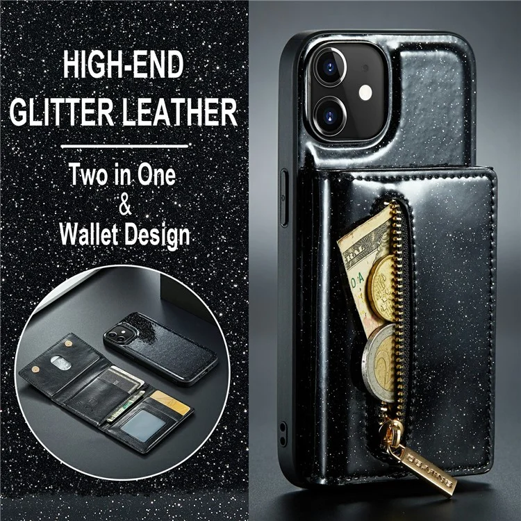 Dg. Serie Ming M3 Per Iphone 12 / 12 Pro 6.1 Pollici 2 in 1 pc in Pelle PU Scintillante PC+TPU Dropu Retro Back Casele Design Magnetico Coperchio Del Portafoglio Con Cerniera Staccabile - Nero