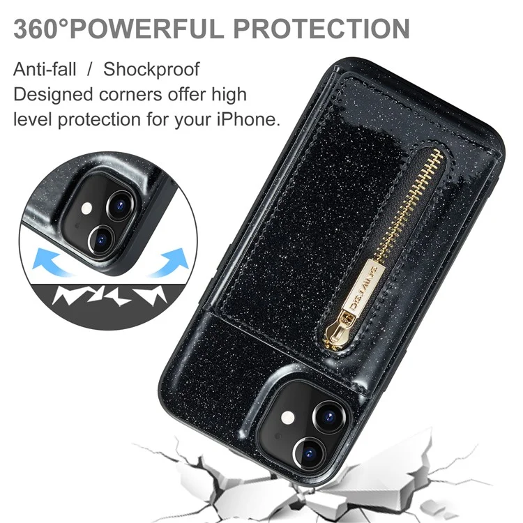 Dg. Serie Ming M3 Per Iphone 12 / 12 Pro 6.1 Pollici 2 in 1 pc in Pelle PU Scintillante PC+TPU Dropu Retro Back Casele Design Magnetico Coperchio Del Portafoglio Con Cerniera Staccabile - Nero