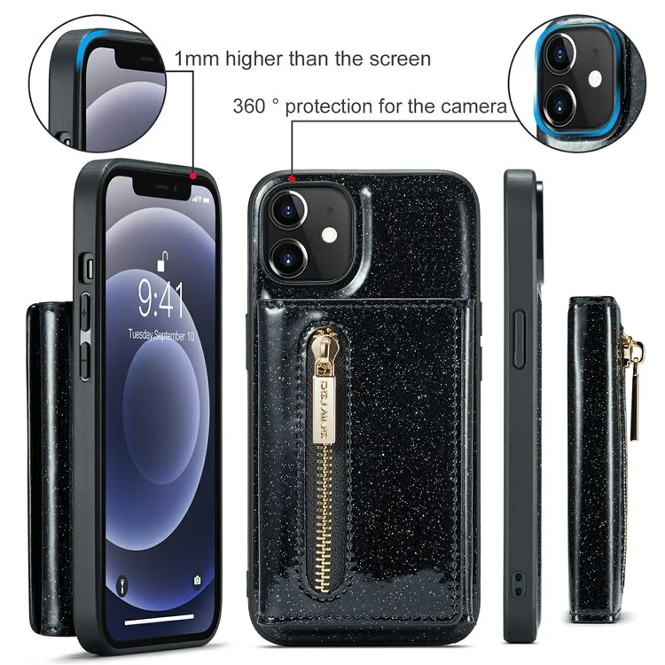 Dg. Serie Ming M3 Per Iphone 12 / 12 Pro 6.1 Pollici 2 in 1 pc in Pelle PU Scintillante PC+TPU Dropu Retro Back Casele Design Magnetico Coperchio Del Portafoglio Con Cerniera Staccabile - Nero