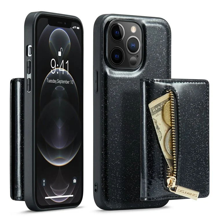 DG.MING M3 Series For iPhone 12 Pro Max 6.7 inch 2-in-1 Glittery PU Leather Coated PC+TPU Shockproof Back Case Kickstand Magnetic Detachable Zipper Wallet Phone Cover - Black