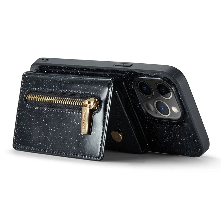 DG.MING M3 Series For iPhone 12 Pro Max 6.7 inch 2-in-1 Glittery PU Leather Coated PC+TPU Shockproof Back Case Kickstand Magnetic Detachable Zipper Wallet Phone Cover - Black