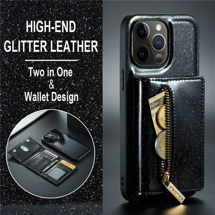 DG.MING M3 Series For iPhone 12 Pro Max 6.7 inch 2-in-1 Glittery PU Leather Coated PC+TPU Shockproof Back Case Kickstand Magnetic Detachable Zipper Wallet Phone Cover - Black
