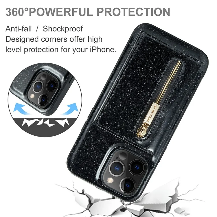DG.MING M3 Series For iPhone 12 Pro Max 6.7 inch 2-in-1 Glittery PU Leather Coated PC+TPU Shockproof Back Case Kickstand Magnetic Detachable Zipper Wallet Phone Cover - Black
