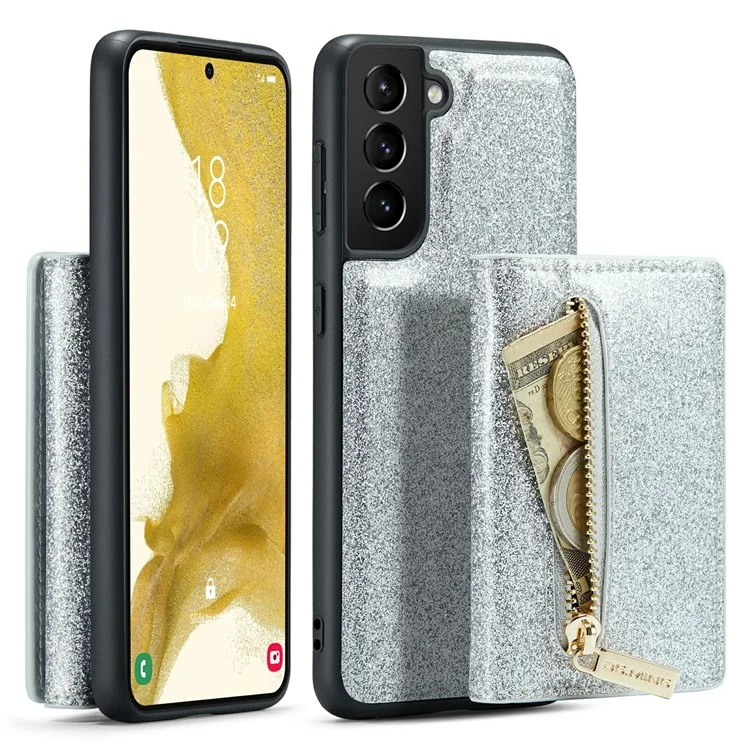 Dg. Ming M3-serie Für Samsung Galaxy S23 Reißverschlusspocket Magnetabendbar 2-in-1-telefonabdeckung Glitzer Pu-leder Beschichtete Kickstand Wallet-drop-proof-telefonhülle - Silber-