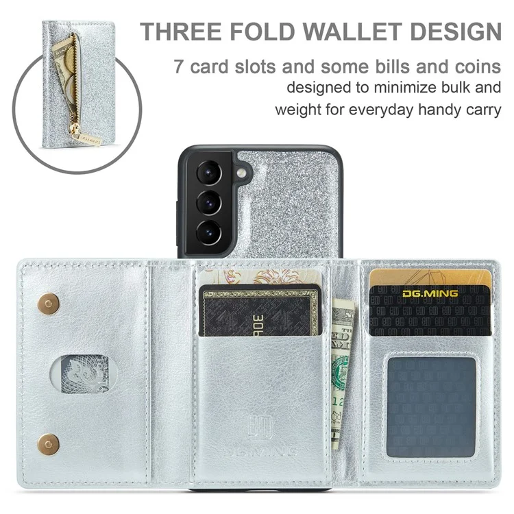 Dg. Ming M3-serie Für Samsung Galaxy S23 Reißverschlusspocket Magnetabendbar 2-in-1-telefonabdeckung Glitzer Pu-leder Beschichtete Kickstand Wallet-drop-proof-telefonhülle - Silber-