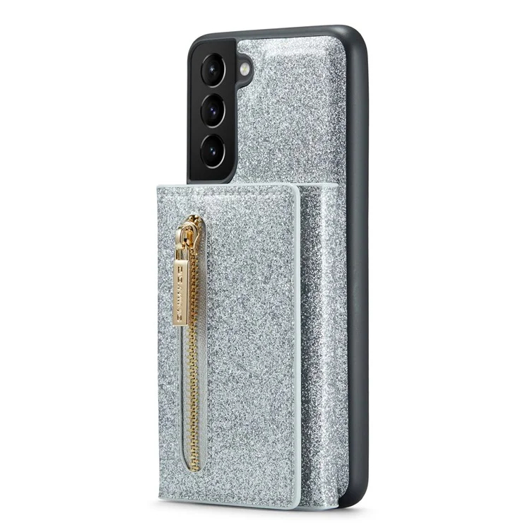 Dg. Ming M3-serie Für Samsung Galaxy S23 Reißverschlusspocket Magnetabendbar 2-in-1-telefonabdeckung Glitzer Pu-leder Beschichtete Kickstand Wallet-drop-proof-telefonhülle - Silber-