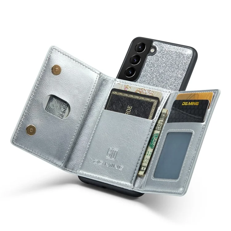Dg. Ming M3-serie Für Samsung Galaxy S23 Reißverschlusspocket Magnetabendbar 2-in-1-telefonabdeckung Glitzer Pu-leder Beschichtete Kickstand Wallet-drop-proof-telefonhülle - Silber-