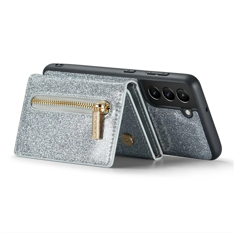 Dg. Ming M3-serie Für Samsung Galaxy S23 Reißverschlusspocket Magnetabendbar 2-in-1-telefonabdeckung Glitzer Pu-leder Beschichtete Kickstand Wallet-drop-proof-telefonhülle - Silber-