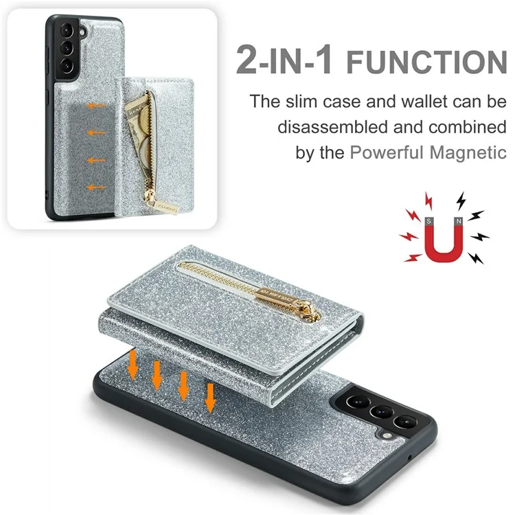Dg. Ming M3-serie Für Samsung Galaxy S23 Reißverschlusspocket Magnetabendbar 2-in-1-telefonabdeckung Glitzer Pu-leder Beschichtete Kickstand Wallet-drop-proof-telefonhülle - Silber-