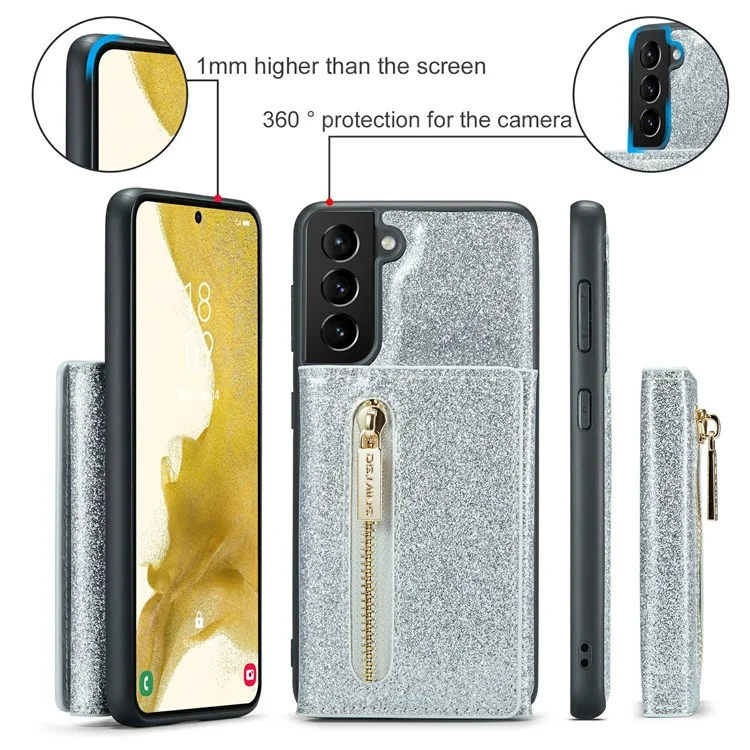Dg. Ming M3-serie Für Samsung Galaxy S23 Reißverschlusspocket Magnetabendbar 2-in-1-telefonabdeckung Glitzer Pu-leder Beschichtete Kickstand Wallet-drop-proof-telefonhülle - Silber-