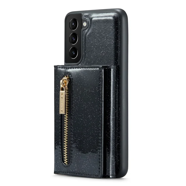 DG.MING M3 Series For Samsung Galaxy S23+ Glitter Bling Detachable Phone Cover  Kickstand Zipper Pocket Wallet Shockproof Phone Case - Black