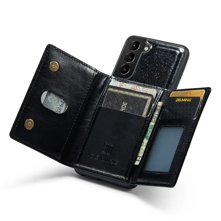 DG.MING M3 Series For Samsung Galaxy S23+ Glitter Bling Detachable Phone Cover  Kickstand Zipper Pocket Wallet Shockproof Phone Case - Black