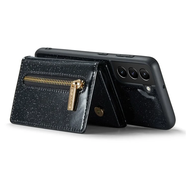 DG.MING M3 Series For Samsung Galaxy S23+ Glitter Bling Detachable Phone Cover  Kickstand Zipper Pocket Wallet Shockproof Phone Case - Black