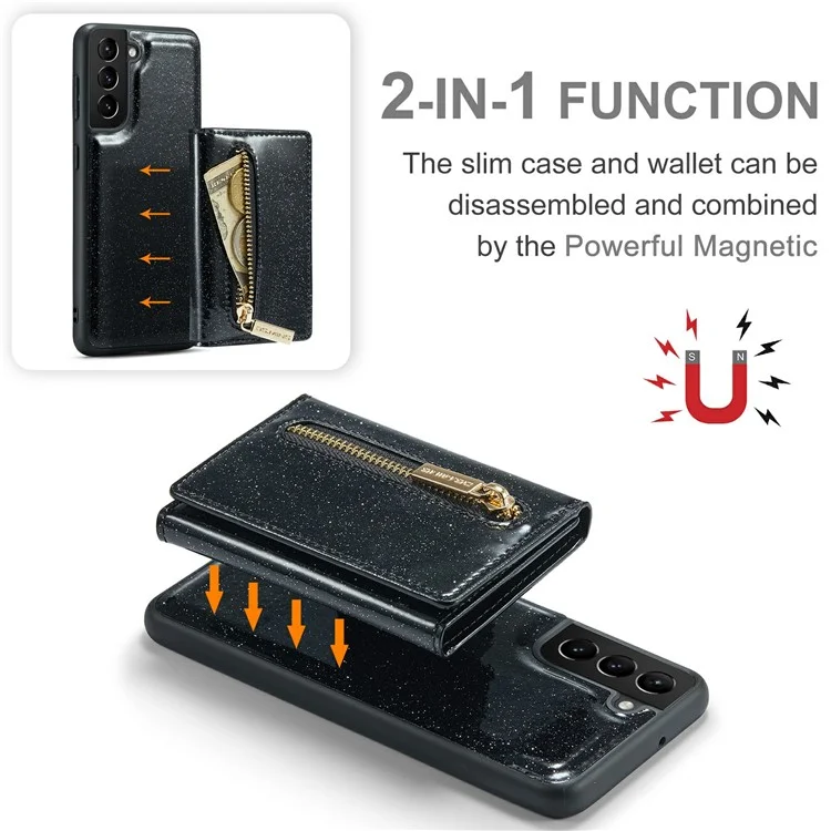 DG.MING M3 Series For Samsung Galaxy S23+ Glitter Bling Detachable Phone Cover  Kickstand Zipper Pocket Wallet Shockproof Phone Case - Black