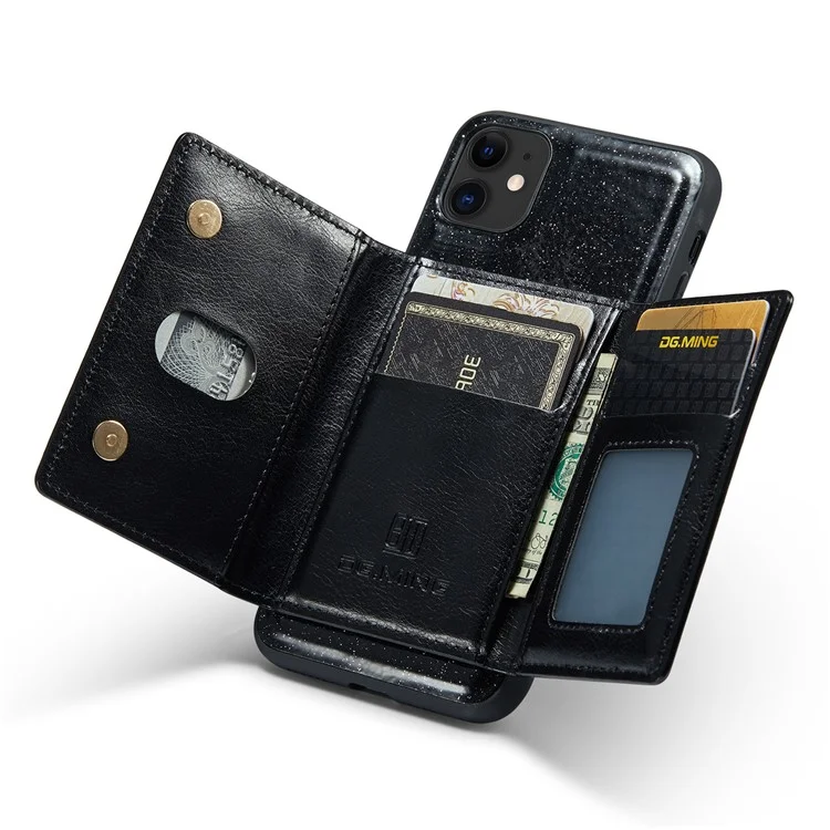 DG.MING M3 Series For iPhone 11 6.1 inch Zipper Pocket Magnetic Detachable 2-in-1 Phone Cover Glitter PU Leather Coated PC+TPU Kickstand Wallet Case - Black