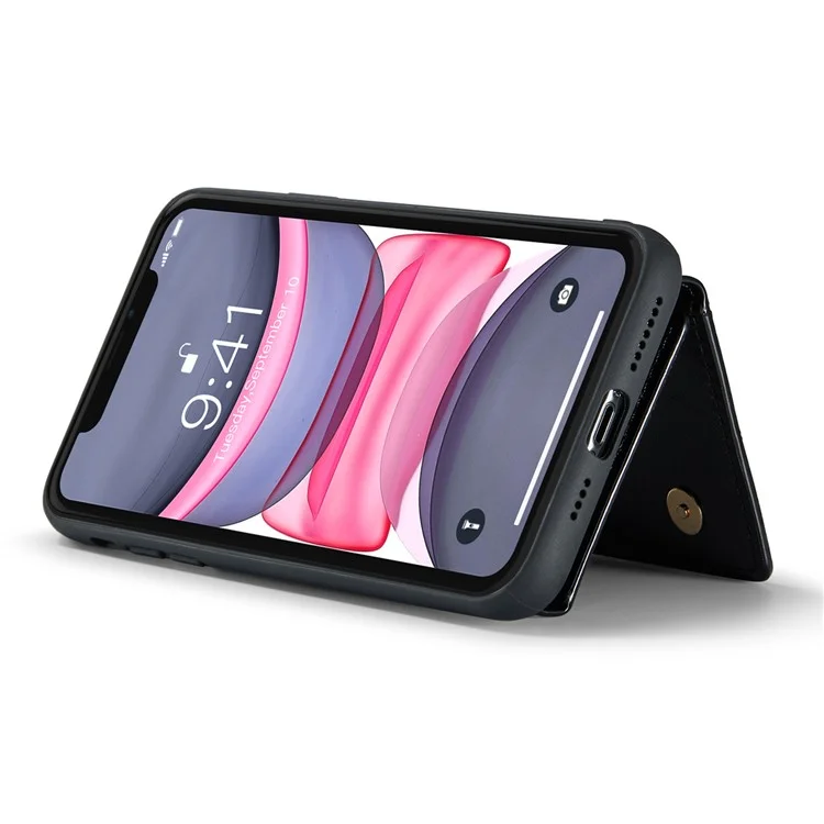 DG.MING M3 Series For iPhone 11 6.1 inch Zipper Pocket Magnetic Detachable 2-in-1 Phone Cover Glitter PU Leather Coated PC+TPU Kickstand Wallet Case - Black