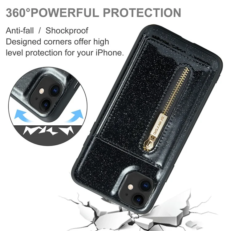 DG.MING M3 Series For iPhone 11 6.1 inch Zipper Pocket Magnetic Detachable 2-in-1 Phone Cover Glitter PU Leather Coated PC+TPU Kickstand Wallet Case - Black