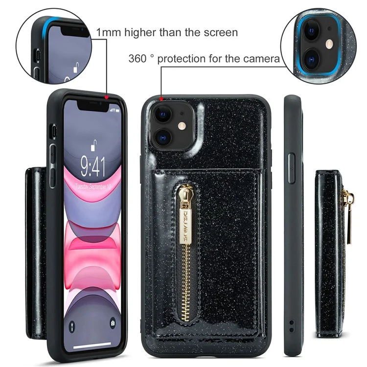 DG.MING M3 Series For iPhone 11 6.1 inch Zipper Pocket Magnetic Detachable 2-in-1 Phone Cover Glitter PU Leather Coated PC+TPU Kickstand Wallet Case - Black