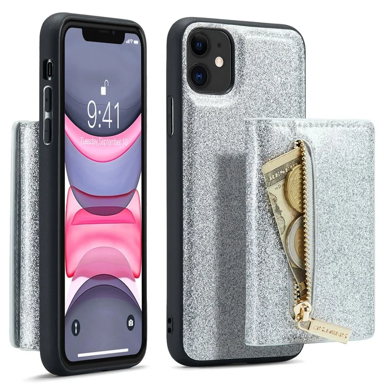 Dg. Serie Ming M3 Para Iphone 11 6.1 Pulgadas Pocket Magnetic Magnetic Magnetable Cubierta de Teléfono Glitter PU Cubierta de Cuero Pu+tpu Kickstand Willet Case - Plata