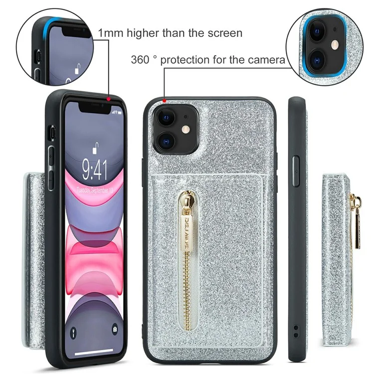 Dg. Serie Ming M3 Para Iphone 11 6.1 Pulgadas Pocket Magnetic Magnetic Magnetable Cubierta de Teléfono Glitter PU Cubierta de Cuero Pu+tpu Kickstand Willet Case - Plata