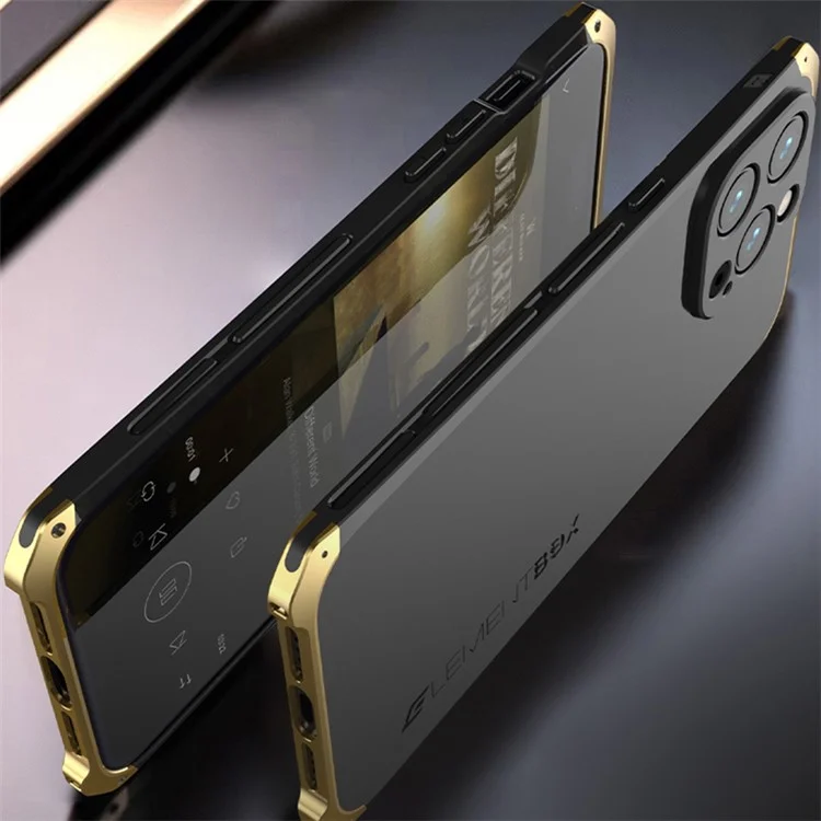 Box Elemento Per Iphone 14 Pro Max Design a 3 Pezzi PC Hard Cover Metal Frame Metal Shock Protelly Case - Nero / Nero