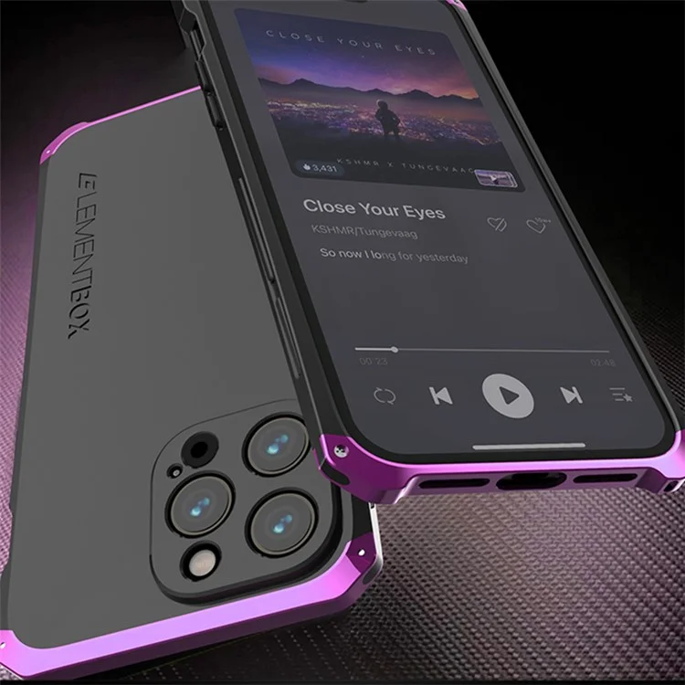 Box Elemento Per Iphone 14 Pro Max Design a 3 Pezzi PC Hard Cover Metal Frame Metal Shock Protelly Case - Nero / Nero