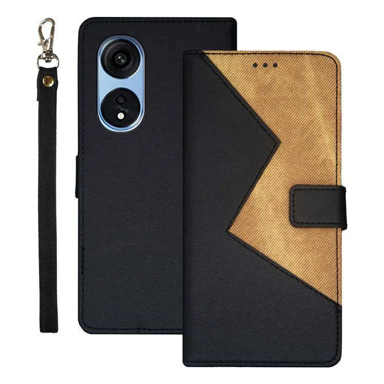 Idewei Für Oppo A1 Pro 5G Farbspleißen PU Leder -karten -slots Telefon Cover Folio Flip Ständer Mit Handgelenkriemen - Schwarz