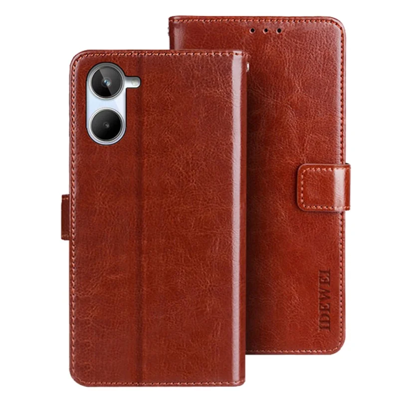 Idewei Für Realme 10 4G Crazy Horse Textur PU Leder Telefon Brieftasche Faltbare Ständer Folio Flip Telefon Cover - Braun