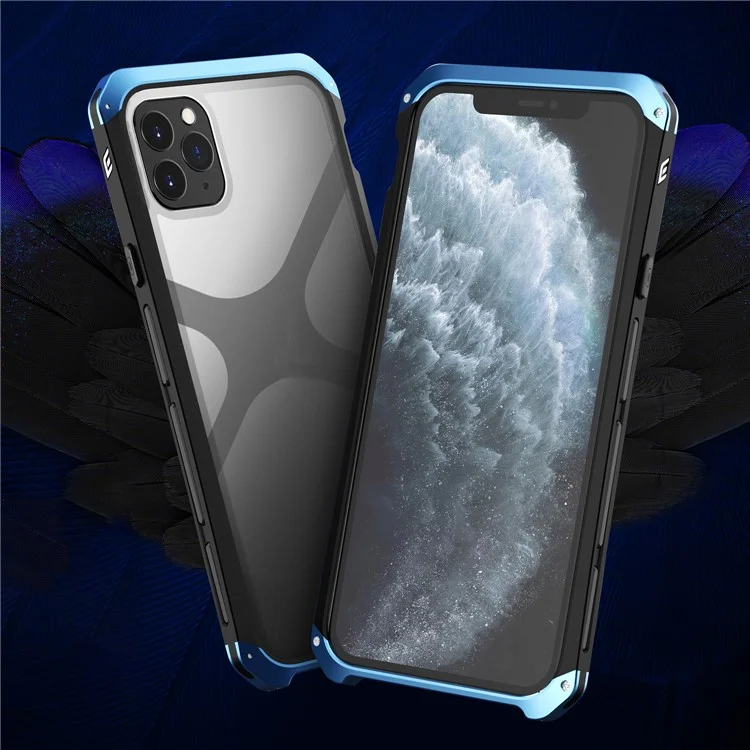 ELEMENT BOX Para iPhone 11 Pro 5,8 pulgadas Panel de Vidrio Templado Transparente Funda de 3 Piezas Diseño a Prueba de Golpes Cubierta de Teléfono con Marco de Metal - Negro / Azul