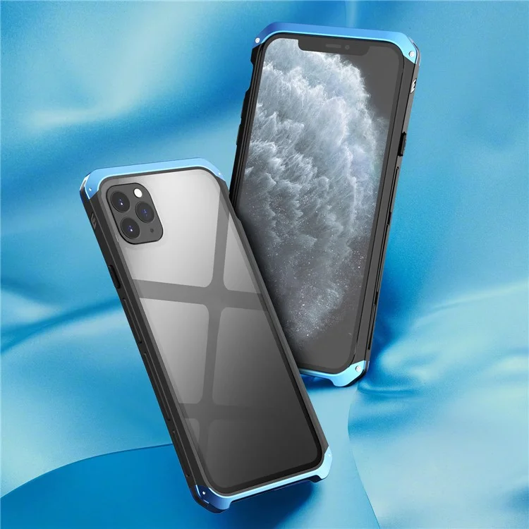 ELEMENT BOX Para iPhone 11 Pro 5,8 pulgadas Panel de Vidrio Templado Transparente Funda de 3 Piezas Diseño a Prueba de Golpes Cubierta de Teléfono con Marco de Metal - Negro / Azul