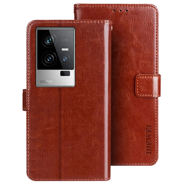 IDEWEI Pour vivo iQOO 11 5G Crazy Horse Texture Anti-scratch PU Leather Case Stand Wallet Magnetic Clasp Phone Cover - Brown